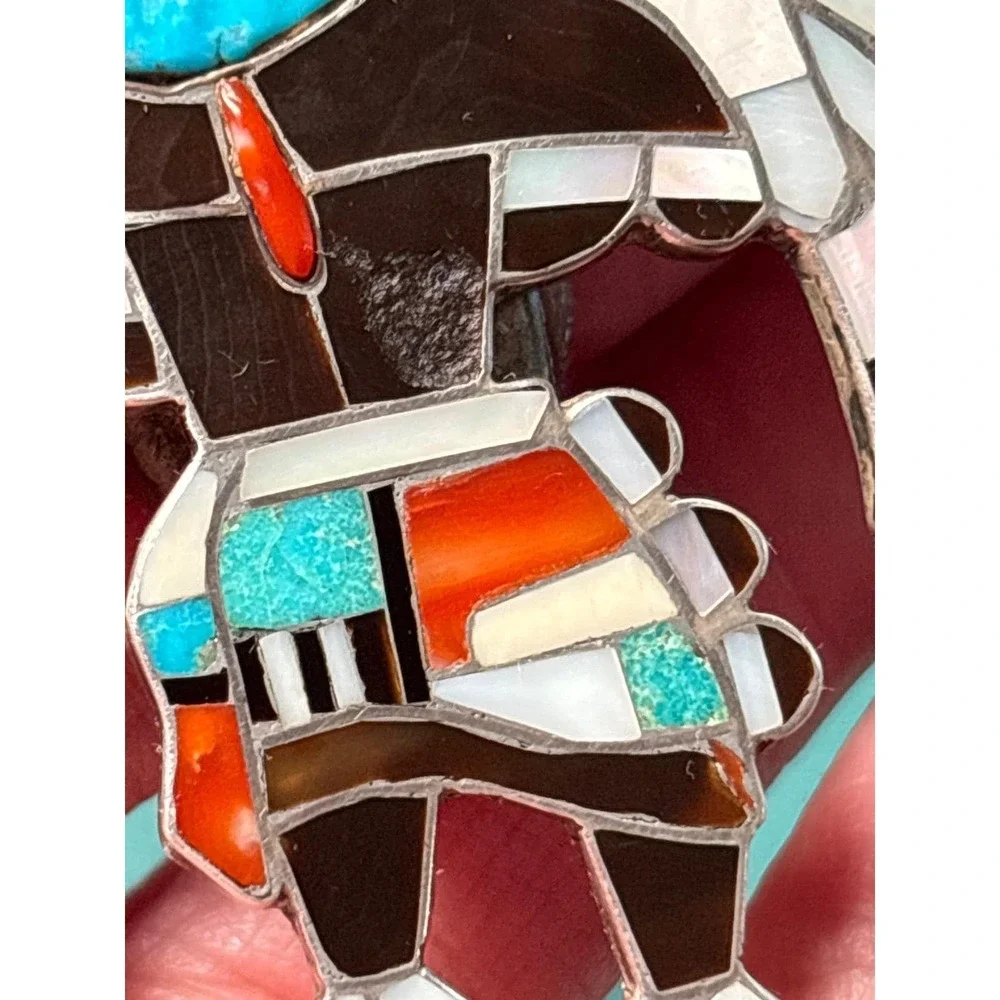 Vintage Sterling Zuni Inlay Bolo Eagle‎ Dancer Sterling Silver Turquoise Coral